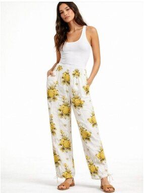 Tahari Womens Linen Pants Pineapple Print Elastic Waist Summer Beach Resort M